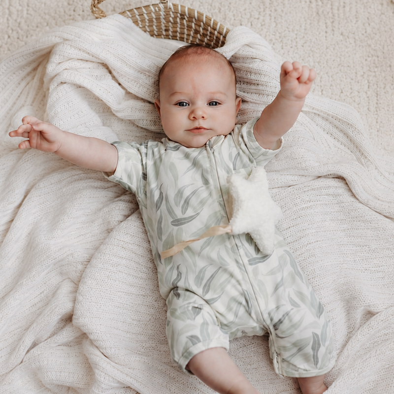 A baby lying on a textured cream blanket, wearing a light sage green and white leaf-patterned romper. A small woven basket and a white plush toy are visible in the background.